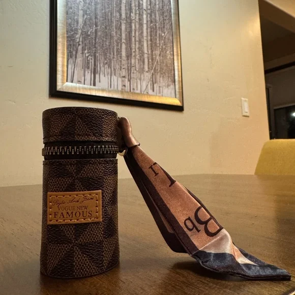 Brown Checkered Cylinder Case with Scarf Accent - Picture 1 of 3